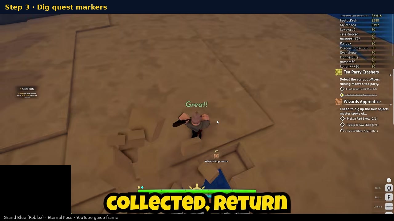 Digging buried shells with Wizards Apprentice quest tracker